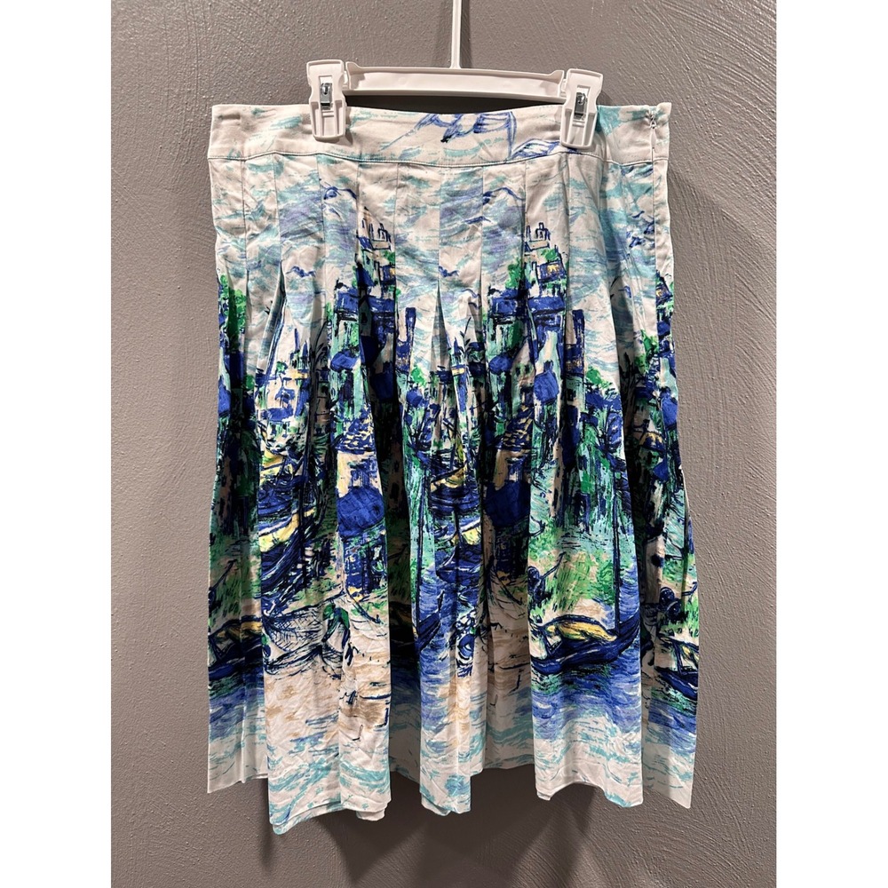 Talbots Blue Green Impressionist Harbor Scene Pleated A-Line Skirt Womens 8